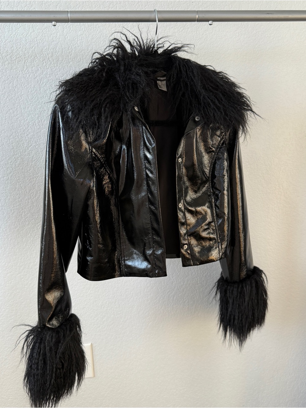 H&M Black Faux Patent Leather Jacket with Faux Fur Trim